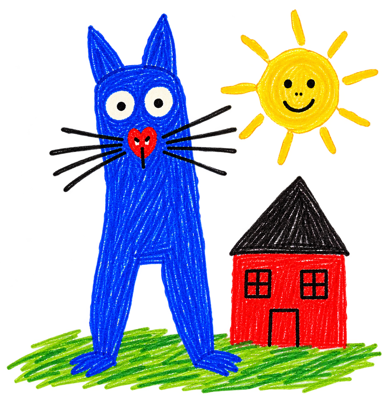 Kindertekening van een blauwe kat met een zon en een rood huis