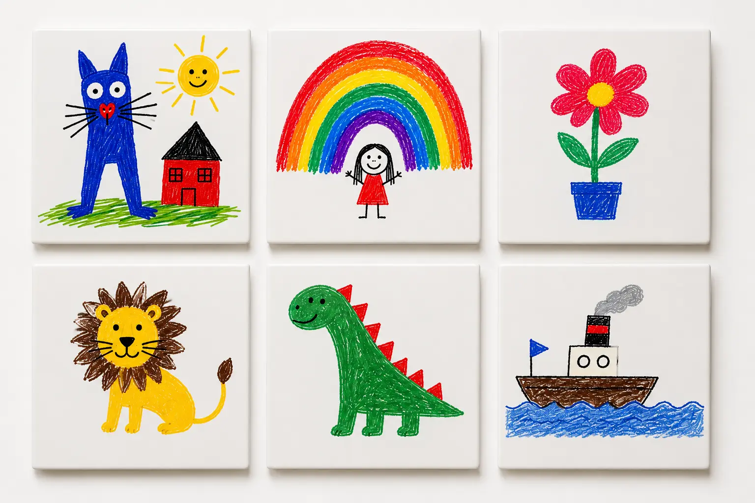 Mini-expositie met kindertekeningen als vierkante magneten